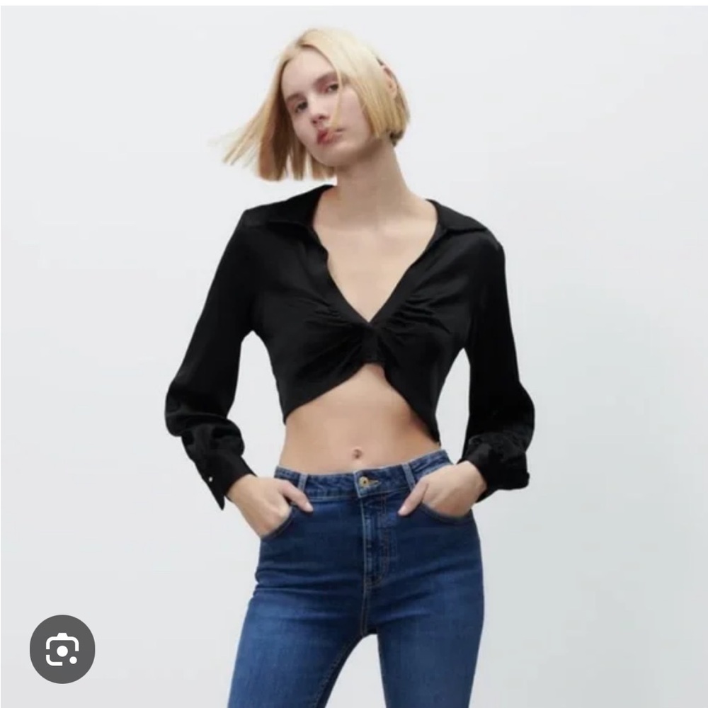Zara Black Tie-Front Crop Top Size Medium